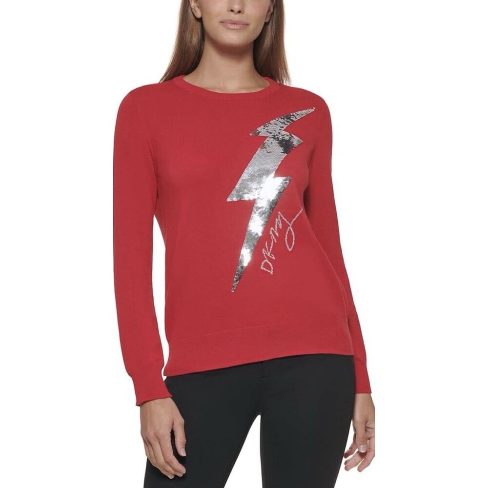 DKNY Womens Metallic Sequin Red Long Sleeve Cotton Sweater Size XL